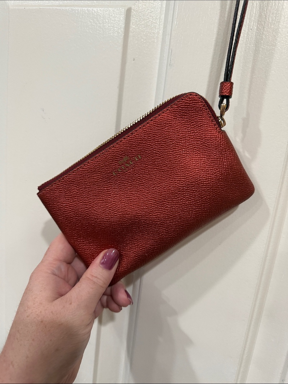 Coach Corner Zip Wristlet in Crossgrain Leather Red